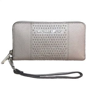 New Michael Kors Gray Saffiano Genuine Leather Studs long Zipper Wallet wristlet